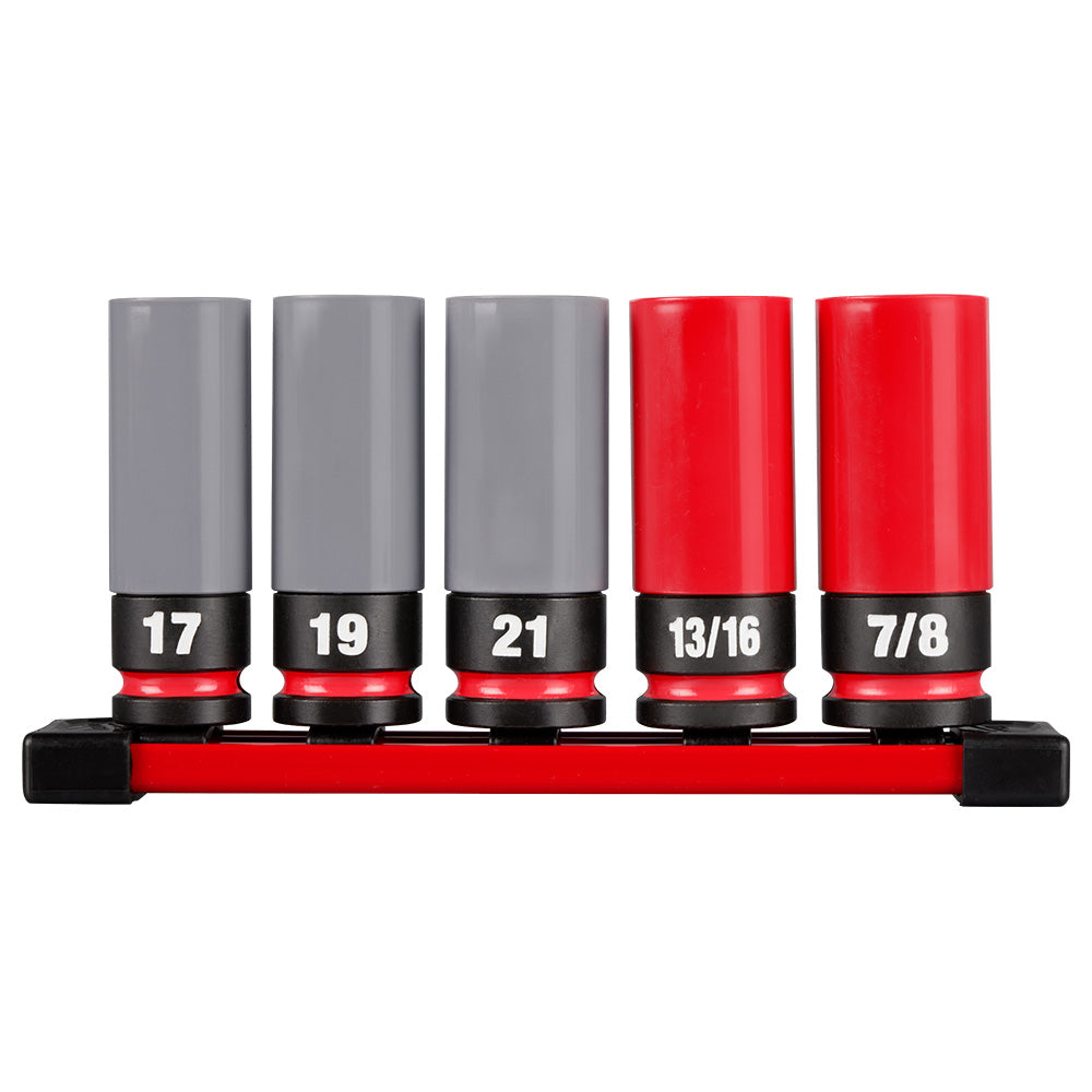 Five 1/2 drive lug nut sockets in gray and red with sizes 17, 19, 21, 13/16, and 7/8 mounted on red and black rail.