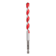 3/8 inch carbide hammer drill bit with red and silver flutes and hex shank.