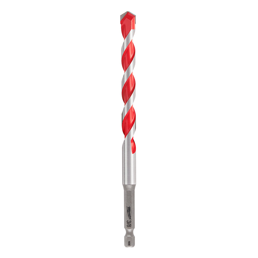 3/8 inch carbide hammer drill bit with red and silver flutes and hex shank.