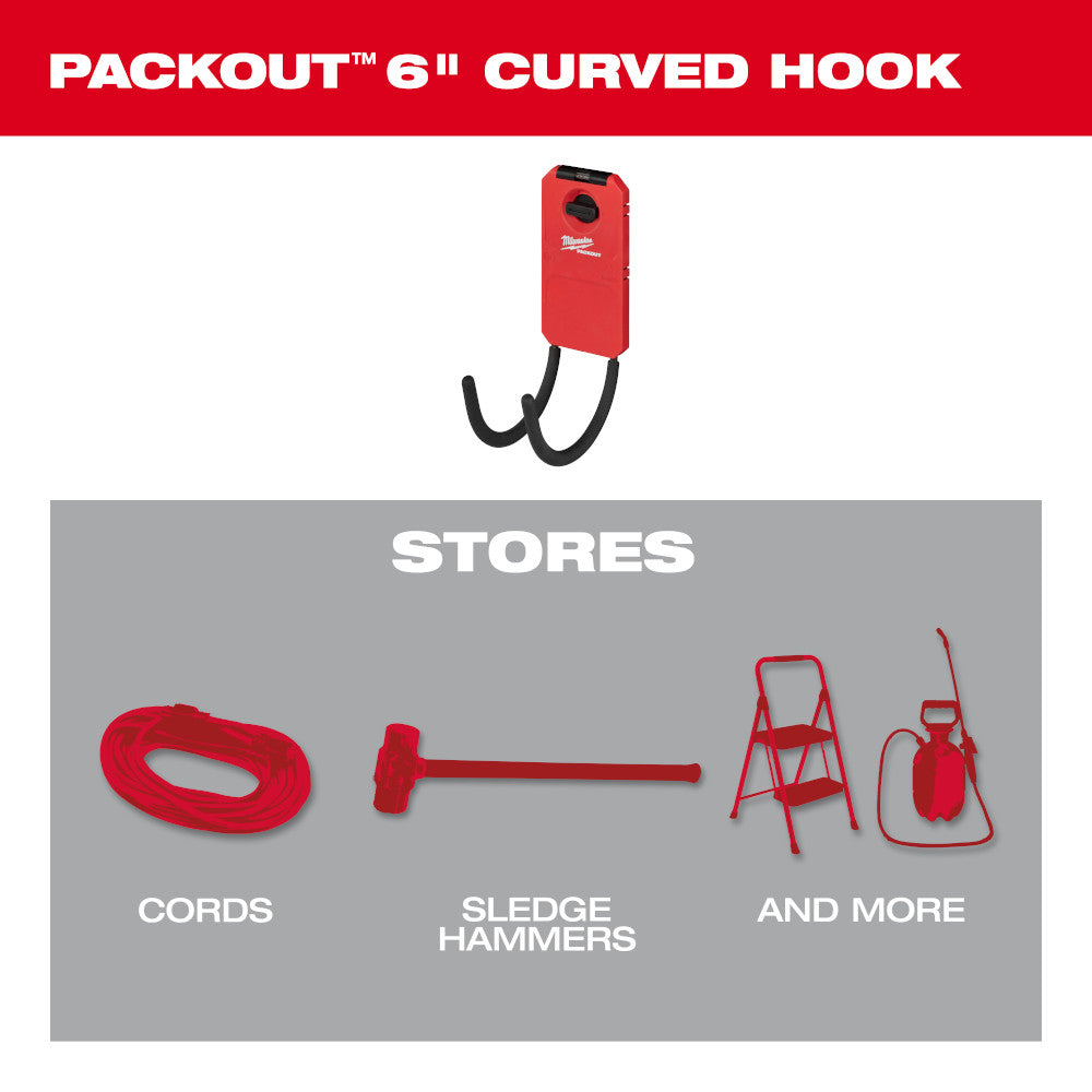 Red PACKOUT curved hook with black handles and mounting base for storing cords and tools.