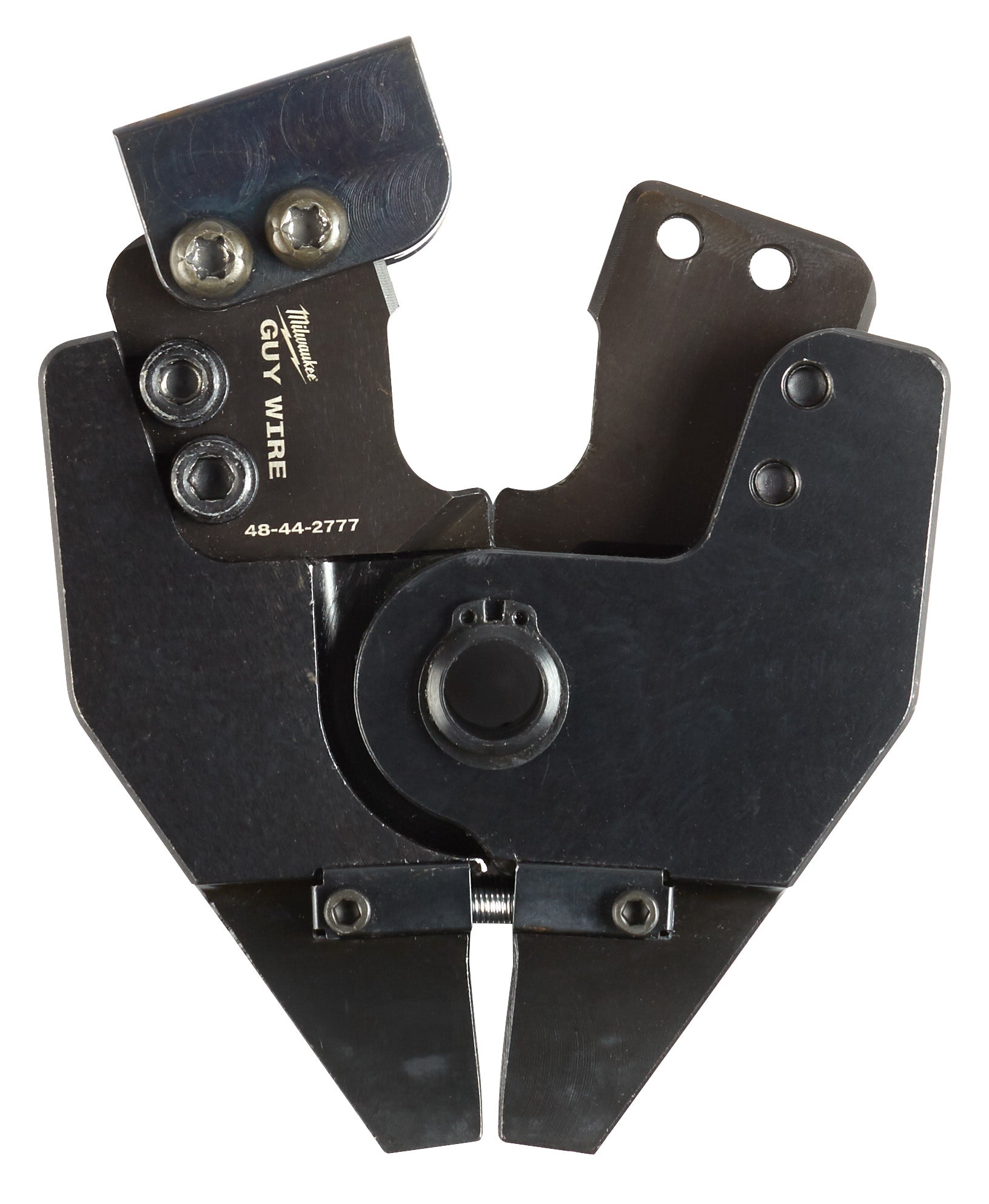 Milwaukee guy wire cutting jaw with metal construction, dual cutting heads at top, and central circular opening for mounting.