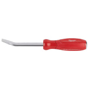 Red and silver pry bar with Milwaukee branding and red cushioned handle.