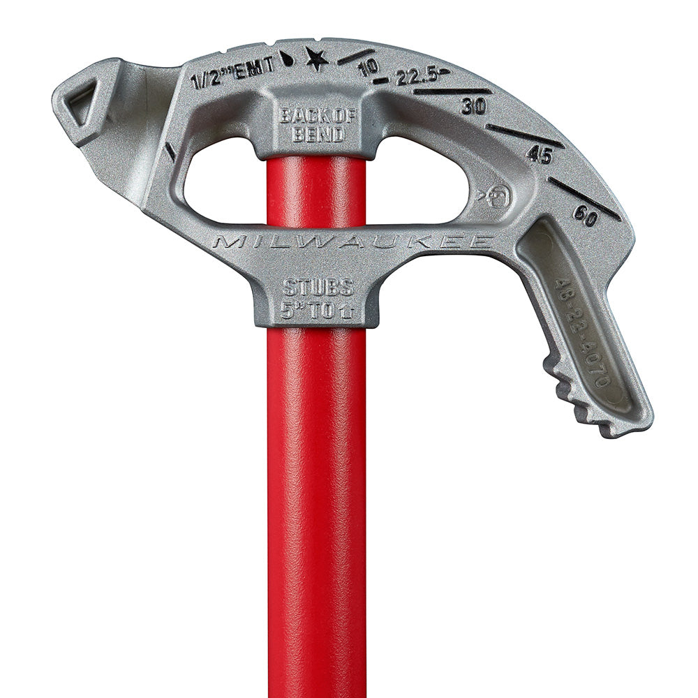 Milwaukee aluminum conduit bender with gray cast head, red handle, and degree markings from 10 to 60.