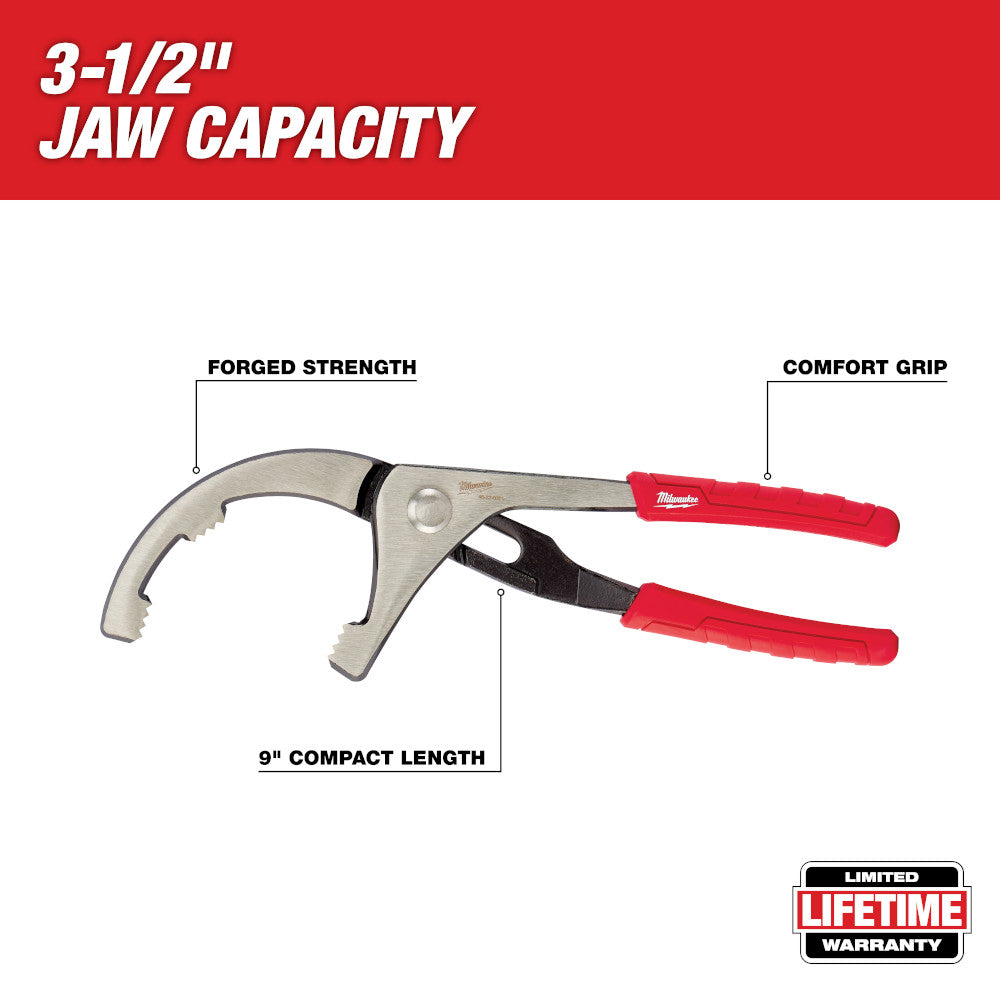 PVC/oil filter pliers with curved metal jaws, red handles, and black grip band on white background.