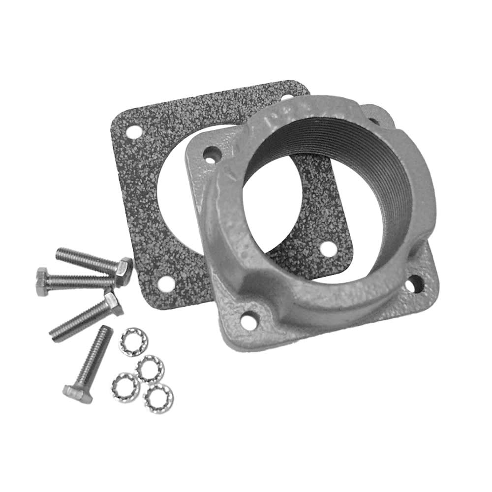 InSinkErator flange kit with metal flanges, threaded connector ring, bolts, and washers for waste disposal systems.