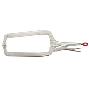 Metal locking clamp with swivel jaws, red trigger handle, and adjustment screw on right side.