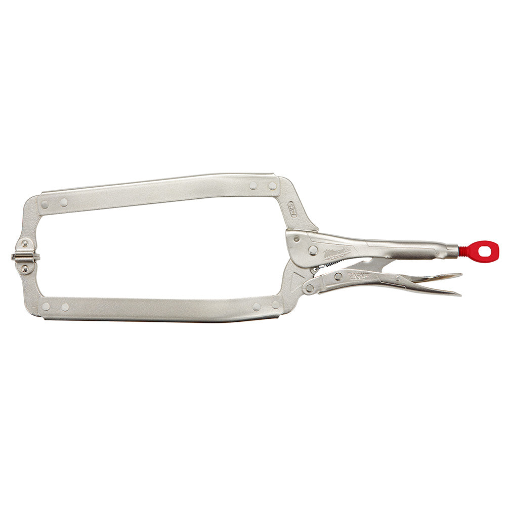 Metal locking clamp with swivel jaws, red trigger handle, and adjustment screw on right side.
