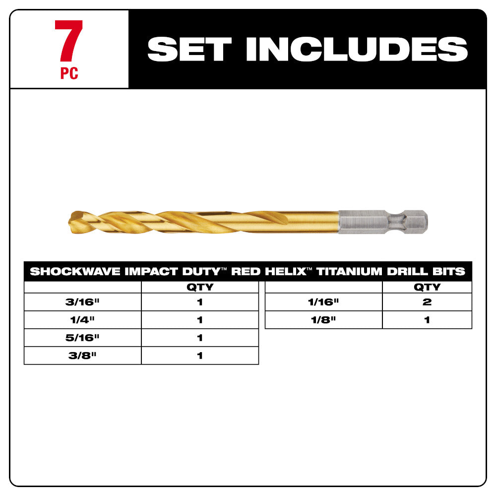 Seven-piece titanium drill bit set with gold-colored bits in various sizes and gray hex shanks, displayed with specification 