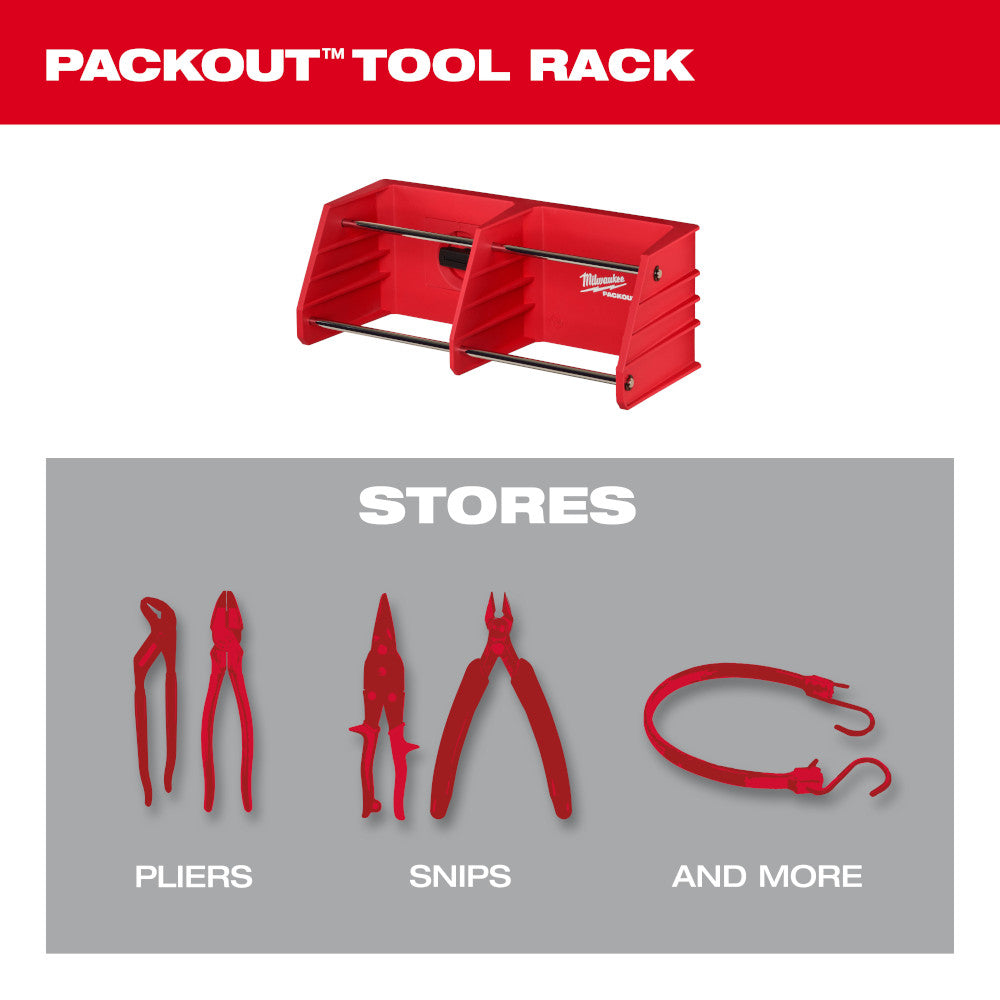 Red PACKOUT tool rack with two metal rails and tiered sides for organizing and storing hand tools like pliers and snips.