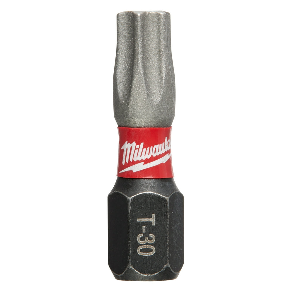Single Milwaukee Shockwave T30 impact driver bit with gray tip, red band, and black hexagonal base marked "T-30".