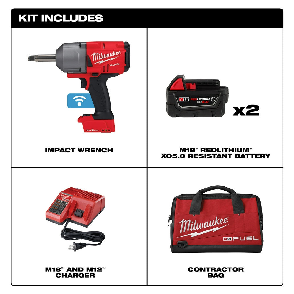 Milwaukee M18 FUEL 1/2" impact wrench with extended anvil, two 5.0 batteries, dual charger, and contractor bag.