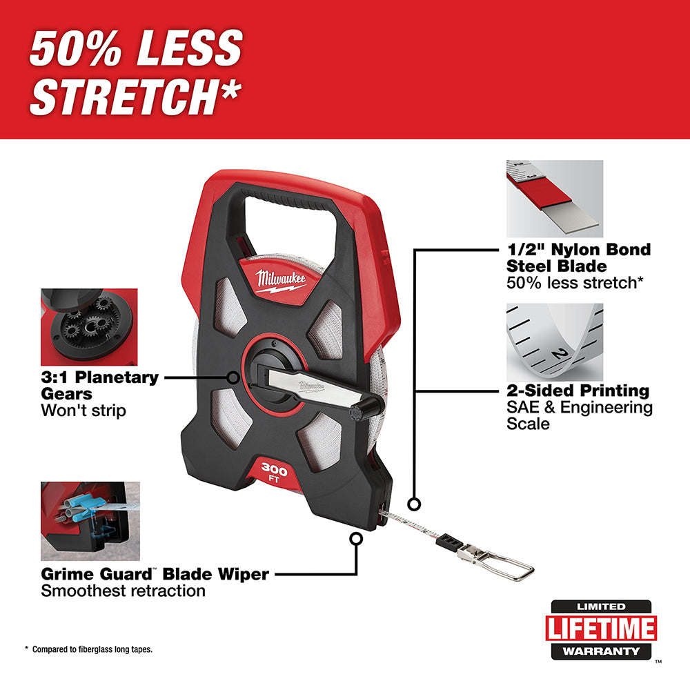 Milwaukee 300 ft. open reel tape measure with red and black housing and extended steel blade.