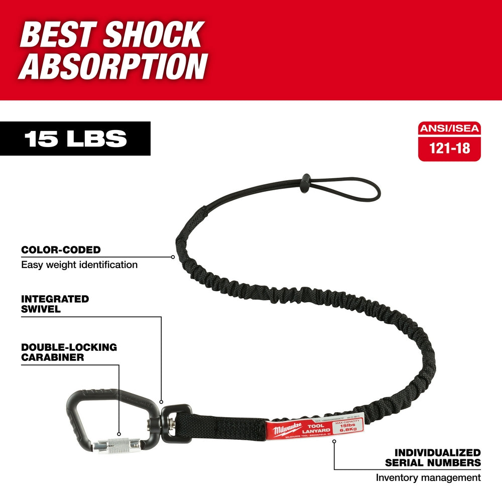 Black elastic tool lanyard with double-locking carabiner, loop end, and shock-absorbing braided cord rated 15 lbs.