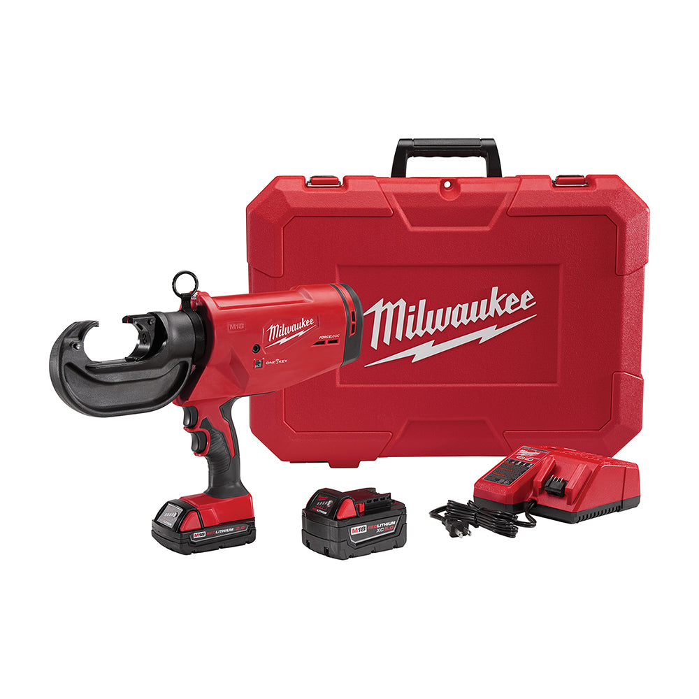 Red Milwaukee M18 cordless crimper with black gripper head, two batteries, charger, and red carrying case.