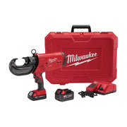 Red Milwaukee M18 cordless crimper with black gripper head, two batteries, charger, and red carrying case.