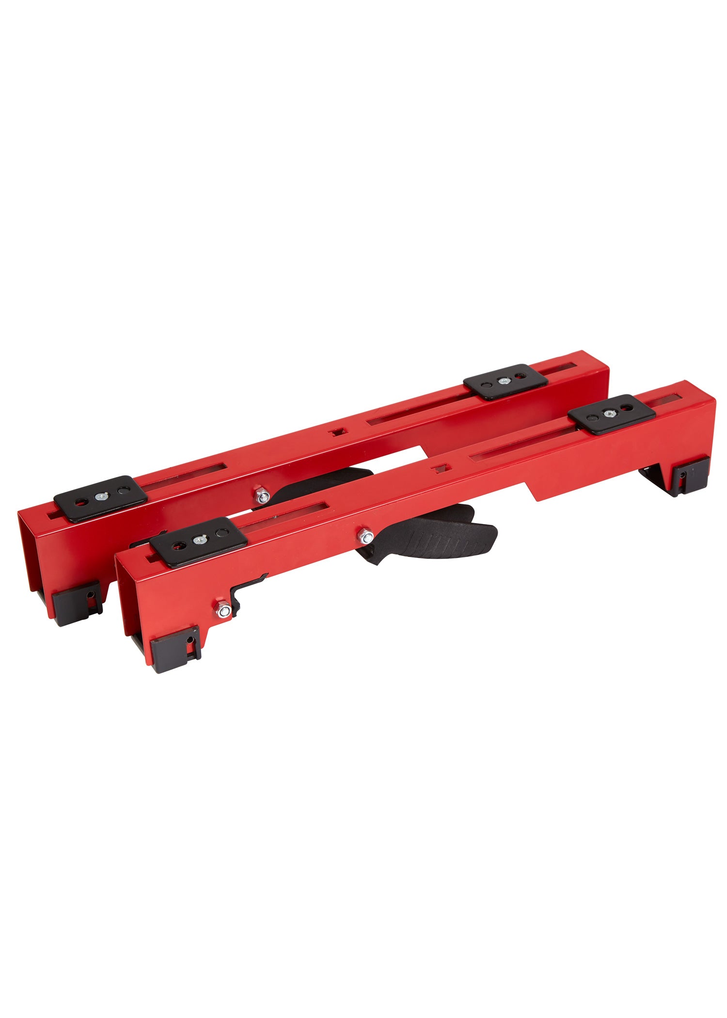 Two red mounting brackets with black plastic pads and adjustment knobs for securing a miter saw to a stand.