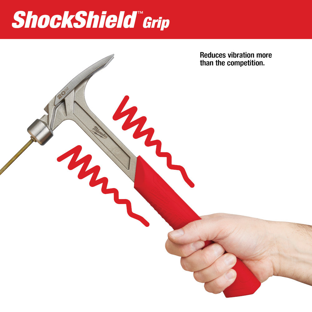 Milwaukee 20oz claw hammer with smooth face head and red ShockShield grip held in hand.