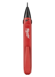 Red and black Milwaukee voltage detector with pointed probe tip and Milwaukee branding on barrel.