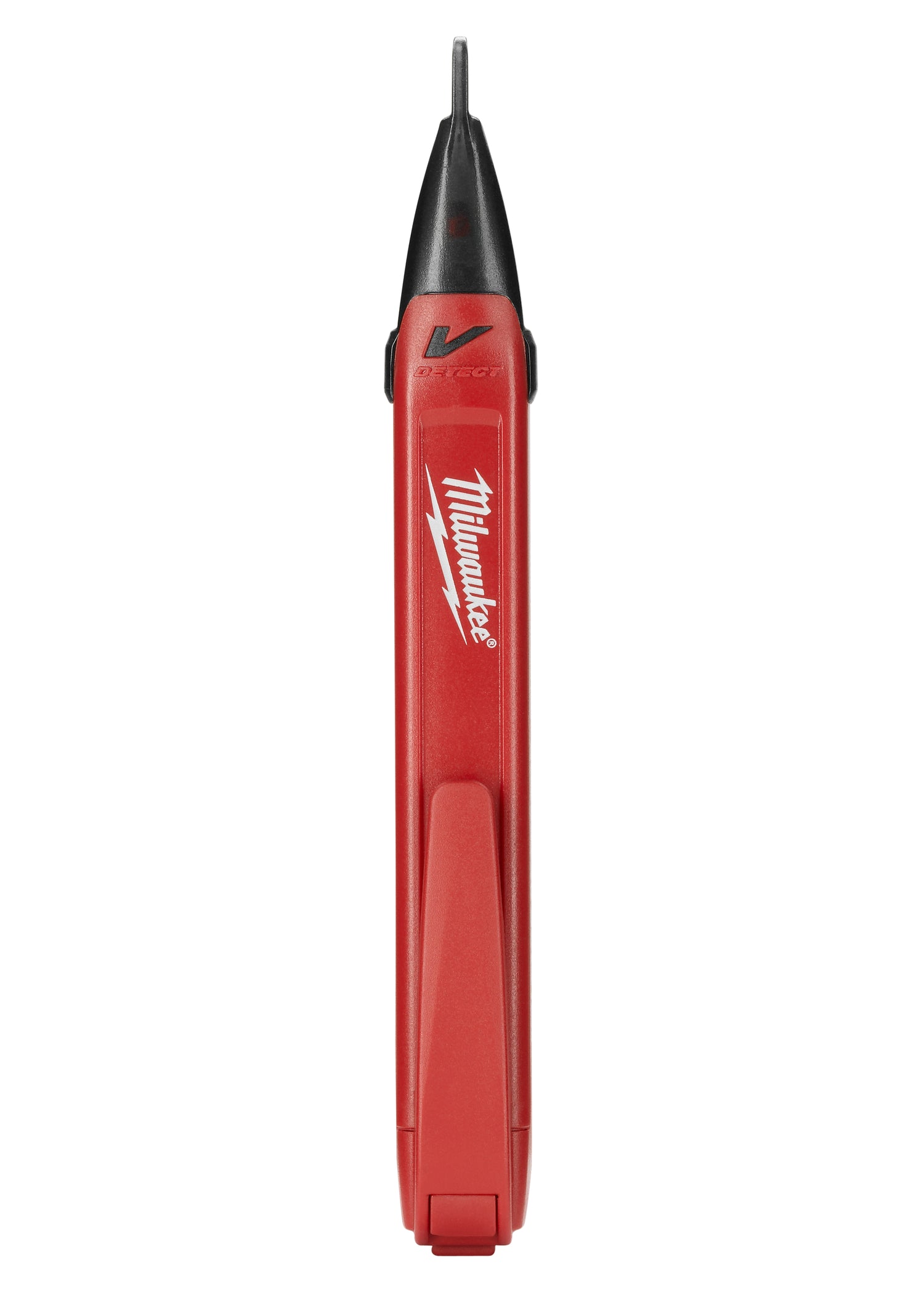 Red and black Milwaukee voltage detector with pointed probe tip and Milwaukee branding on barrel.