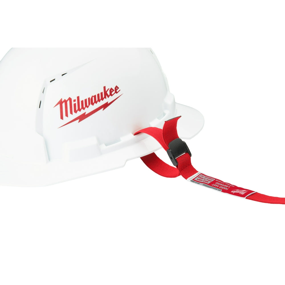 White hard hat with Milwaukee logo and attached red lanyard with black clip attachment point.