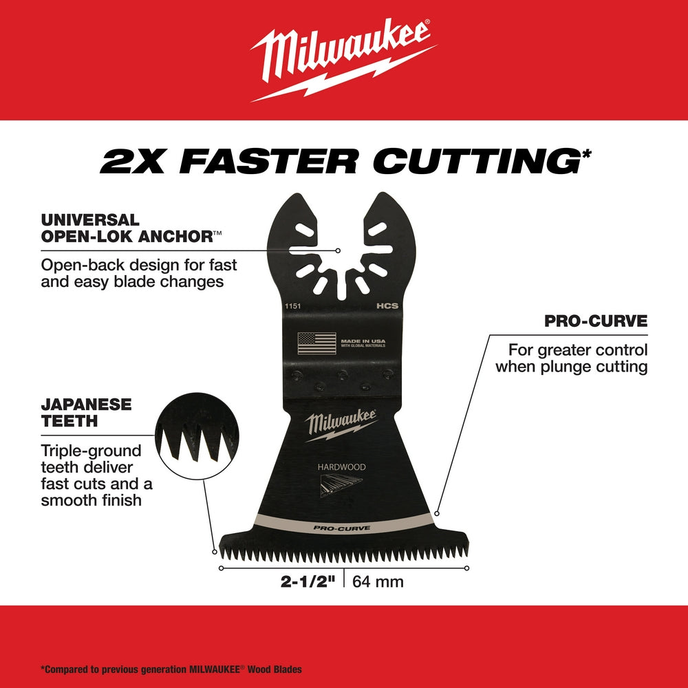 Milwaukee OPEN-LOK 2-1/2" hardwood saw blade with Japanese triple-ground teeth and pro-curve design for plunge cutting.
