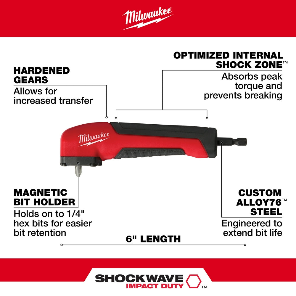 Red and black Milwaukee Shockwave right angle adapter with magnetic bit holder and labeled features.