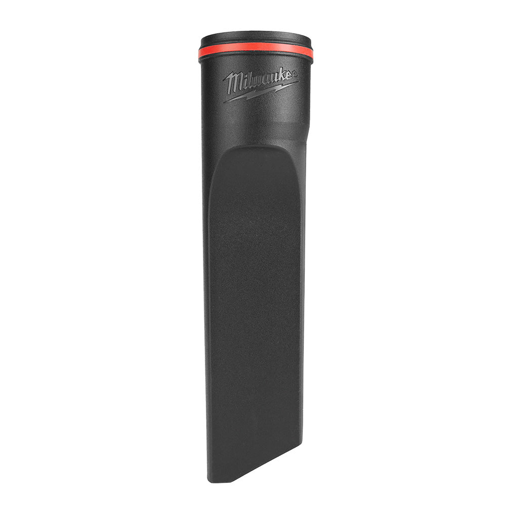 Black Milwaukee crevice tool with red band at top and flat tapered end for narrow spaces.