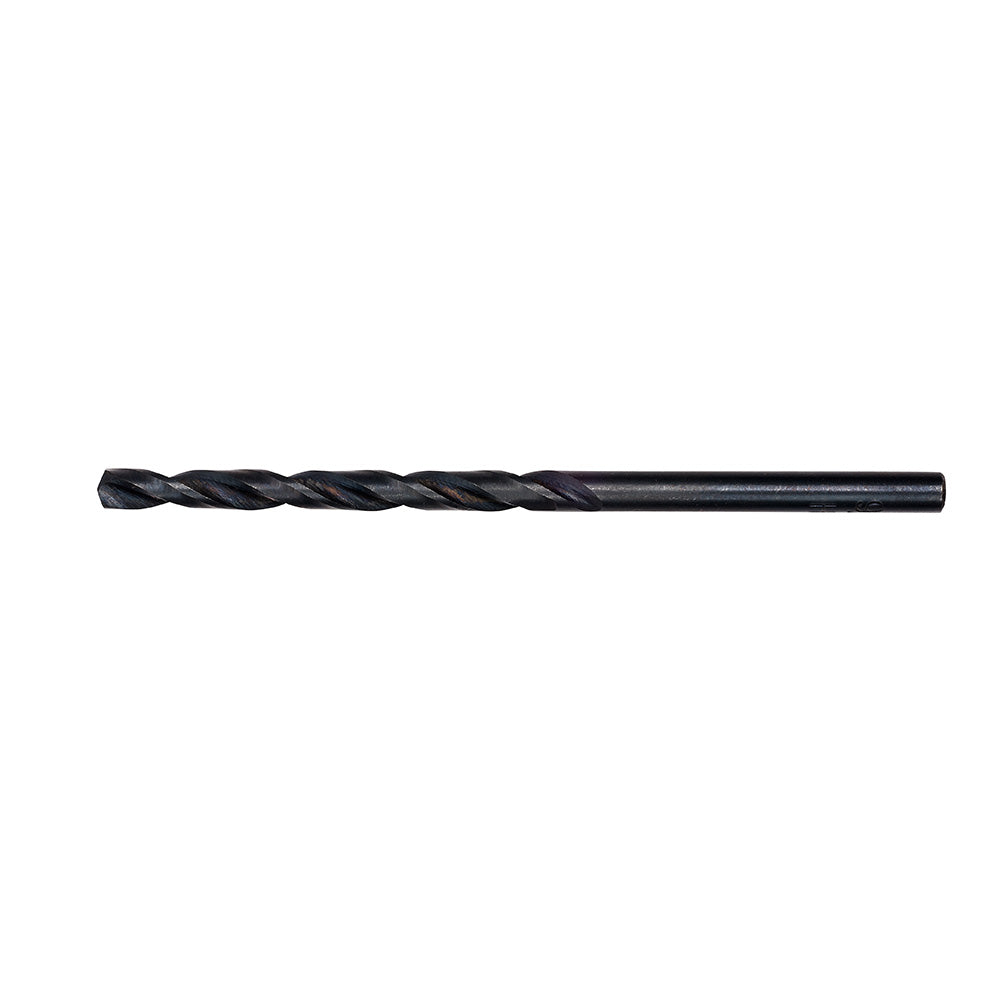 Black oxide twist drill bit with fluted design and pointed tip.