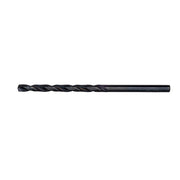 Black oxide twist drill bit with fluted design and pointed tip.
