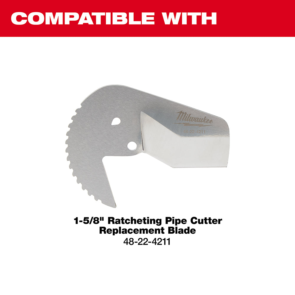 Milwaukee 1-5/8 inch ratcheting pipe cutter replacement blade with serrated cutting edge and mounting holes.