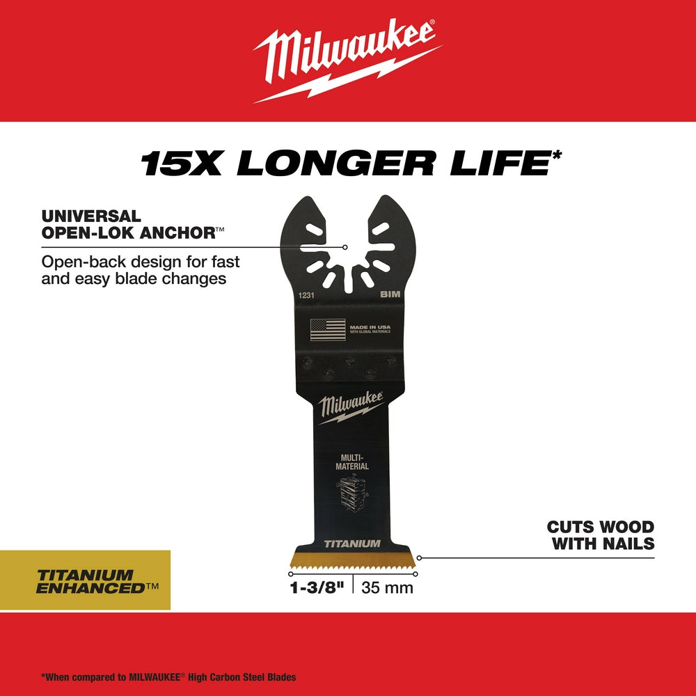 Black Milwaukee OPEN-LOK oscillating saw blade with titanium-enhanced cutting edge and open-back anchor design.