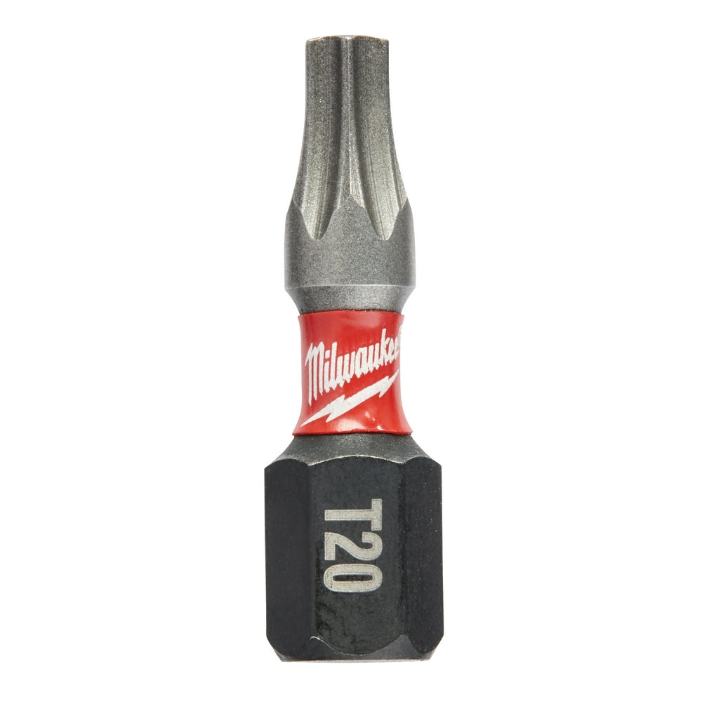 Torx T20 insert bit with gray metal tip, red Milwaukee band, and black hexagonal base marked "T20".