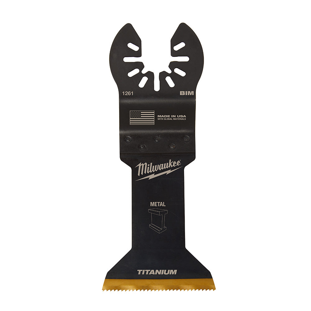 Black bi-metal oscillating saw blade with titanium-enhanced edge and OPEN-LOK connection system.