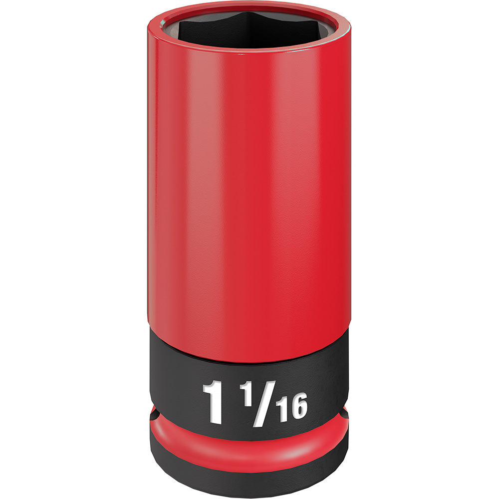 Red and black 1/2 drive lug nut socket with 1-1/16" opening and hexagonal interior.