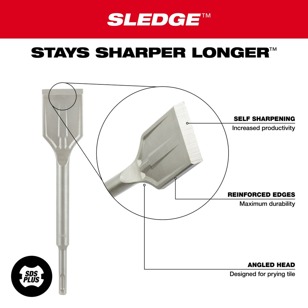 Milwaukee SDS Plus tile chisel with angled steel head and reinforced cutting edges, shown full length with magnified detail v