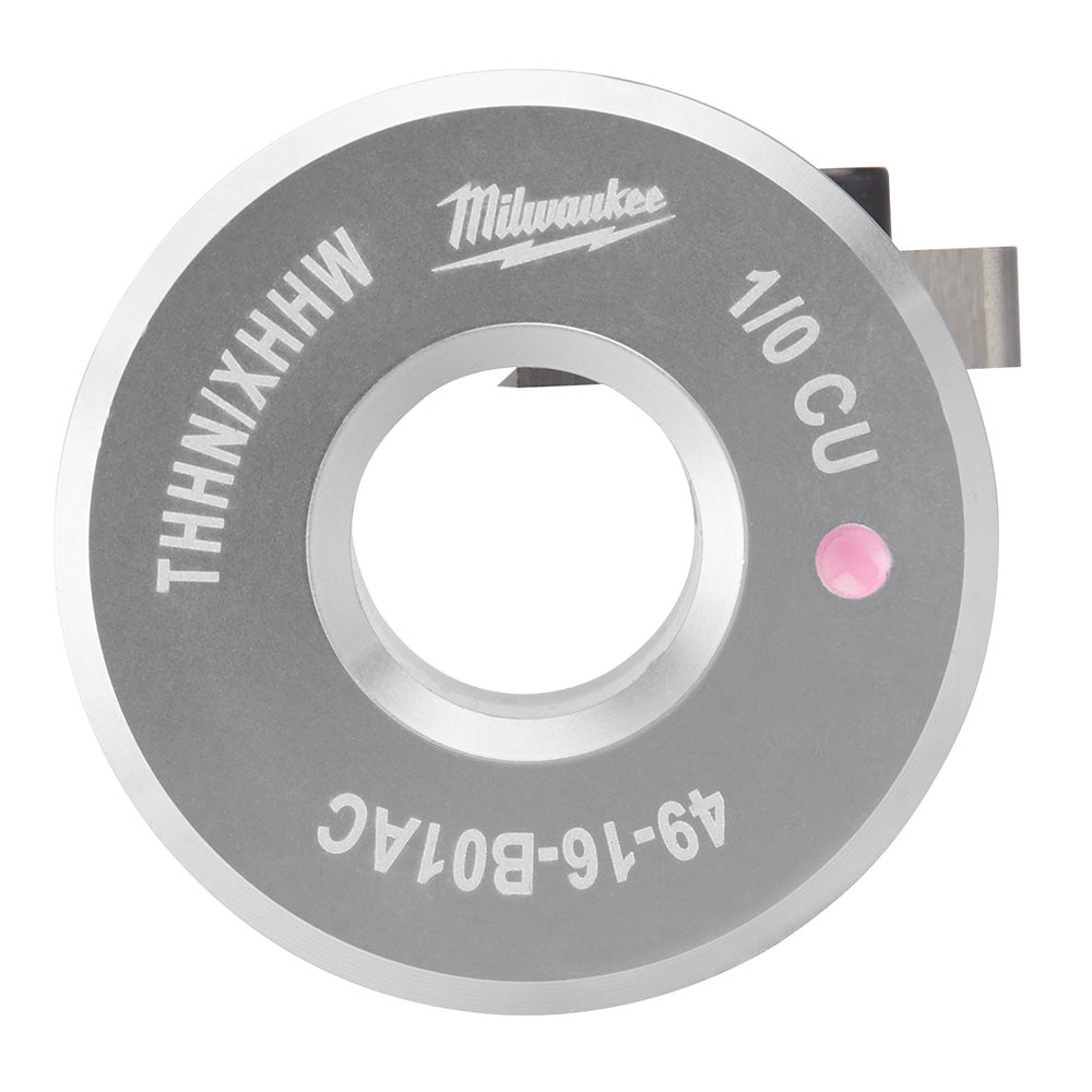 Gray circular copper bushing with white center hole, Milwaukee branding, and 1/0 CU marking on face.