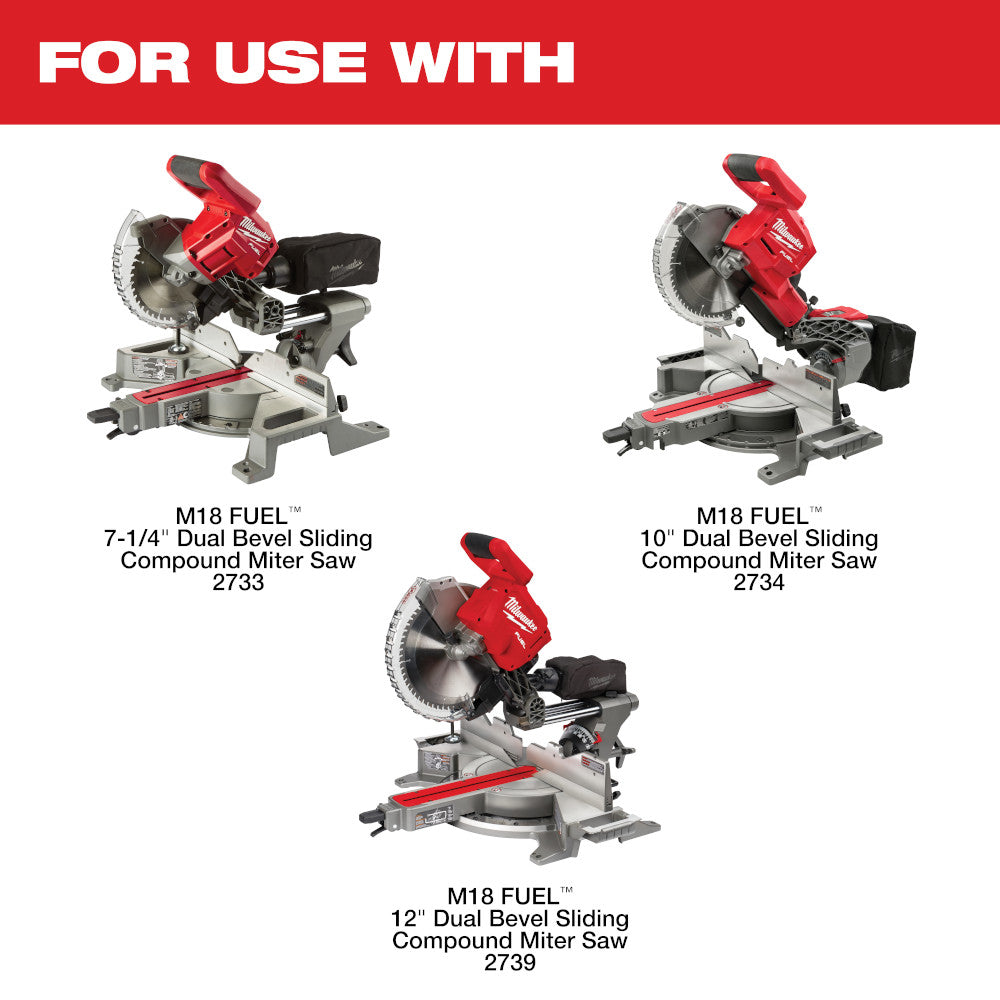 Three Milwaukee M18 FUEL miter saws in 7-1/4", 10", and 12" sizes with red handles and gray bases.