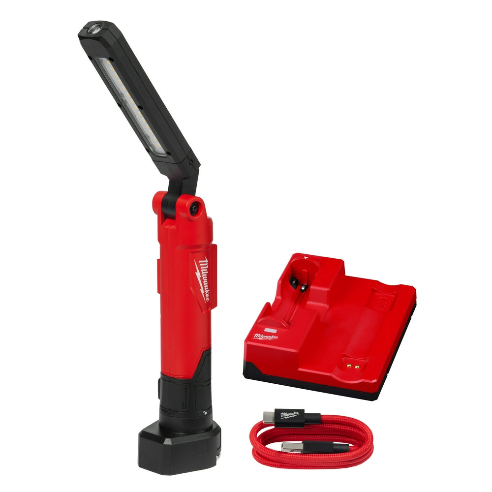 Red and black rechargeable work light with articulating head, charging dock, and USB cable.