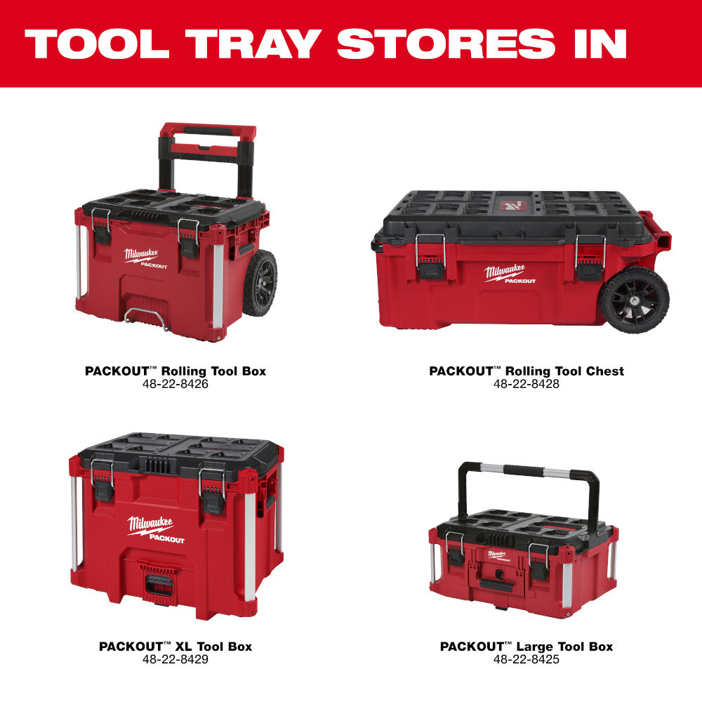 Red and black Milwaukee PACKOUT tool tray with compartmented top and carrying handle for organizing small tools and fasteners