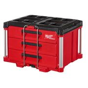Red and black Milwaukee PACKOUT tool box with three stacked drawers, metal handles, and removable top compartment.