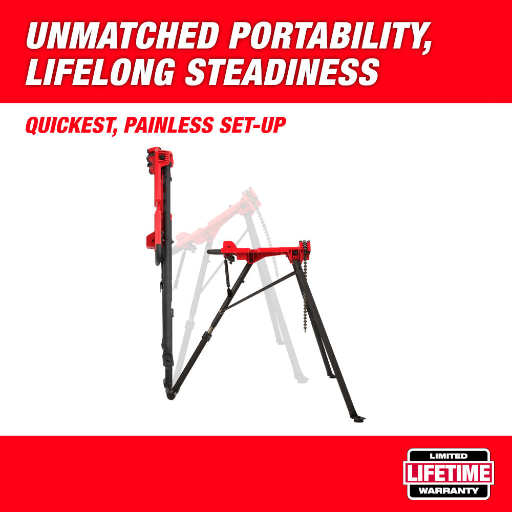 Red and black portable tripod chain vise with adjustable head and spreading legs for securing pipes or rods.