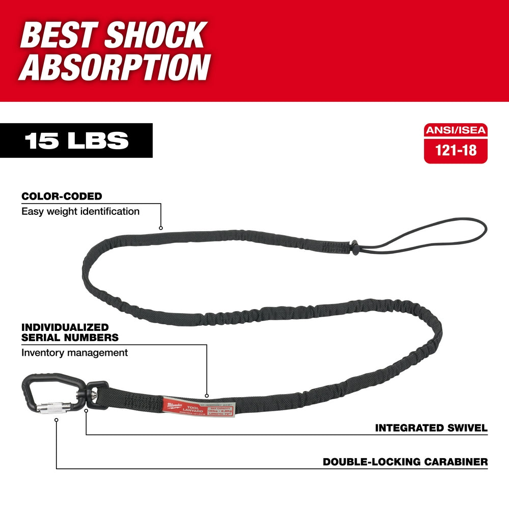 Black nylon tool lanyard with double-locking carabiner, integrated swivel, and loop attachment end.