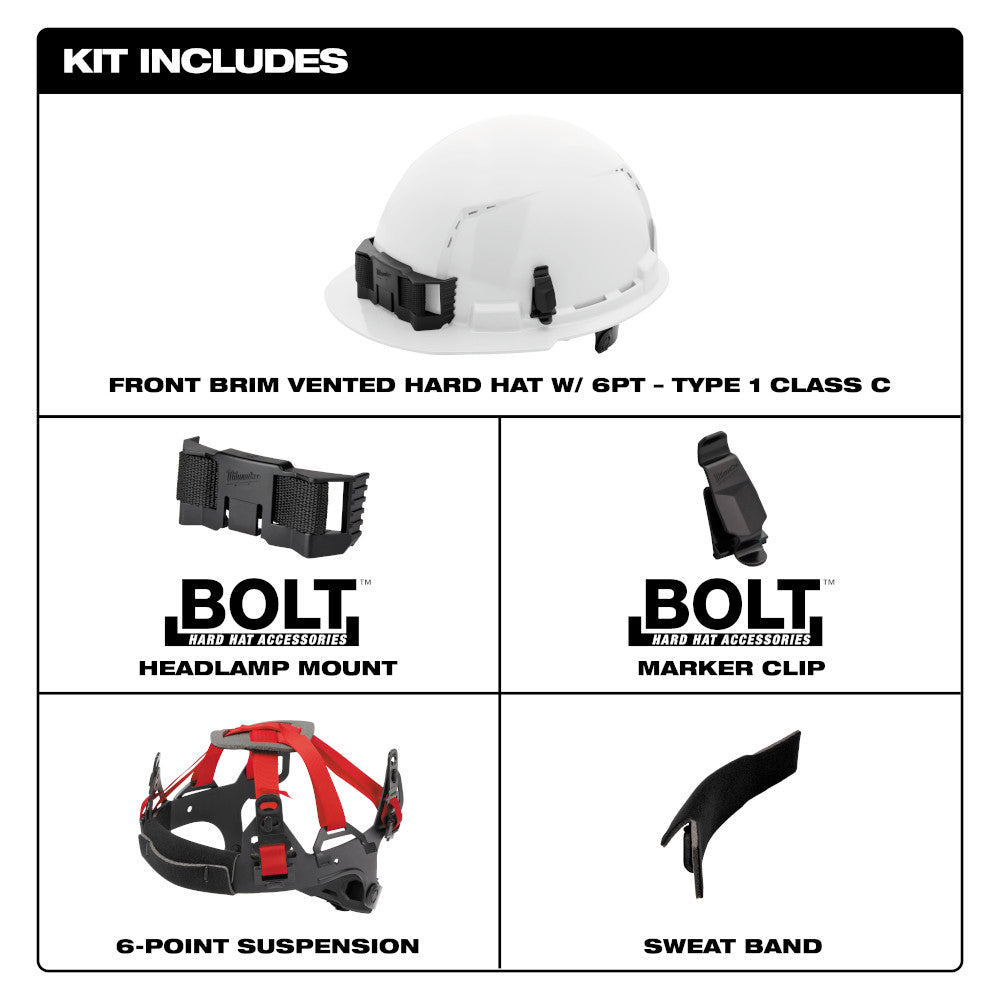 White hard hat with front brim, vented design, includes headlamp mount, marker clip, 6-point suspension, and sweat band.