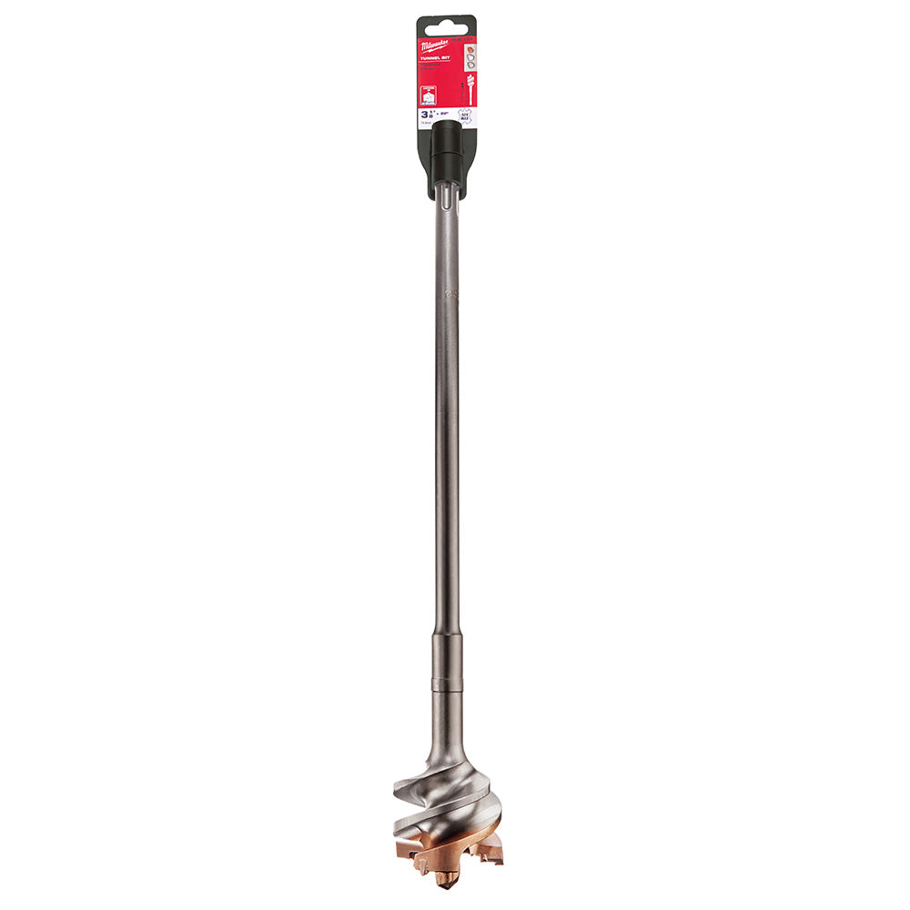 Milwaukee SDS-MAX tunnel bit with black grip handle and metal shaft with wide fluted cutting head.