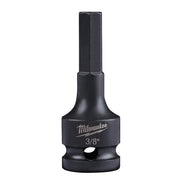 Black Milwaukee Shockwave hex bit socket with 3/8 inch marking and 1/2 inch drive connection.