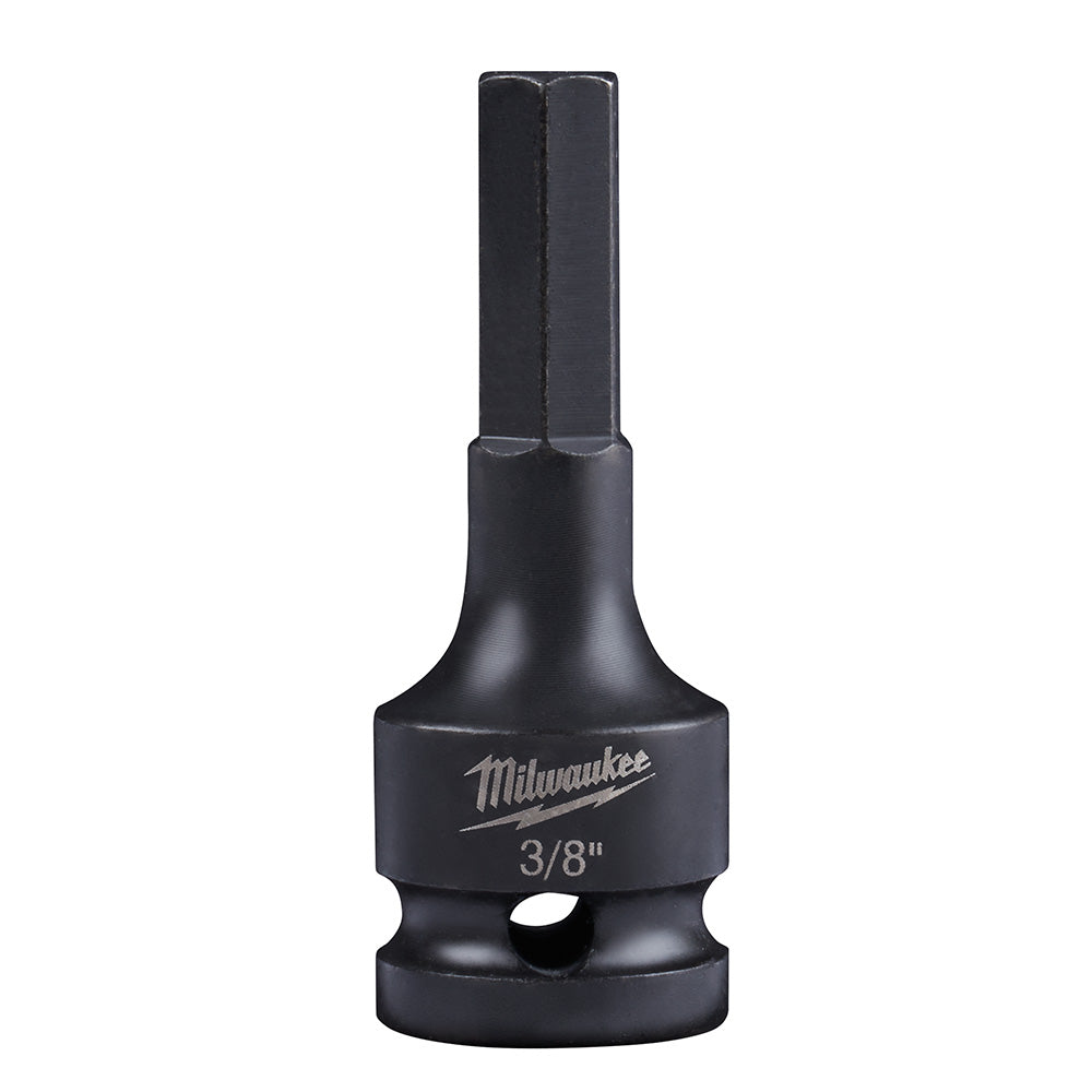 Black Milwaukee Shockwave hex bit socket with 3/8 inch marking and 1/2 inch drive connection.