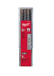 Milwaukee MX4 SDS-Plus rotary hammer drill bits in 1/4 inch size, pack of 15 with red and clear packaging.
