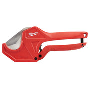 Red ratcheting pipe cutter with gray cutting wheel, marked 1-5/8 inch O.D., featuring Milwaukee branding and handle hole.