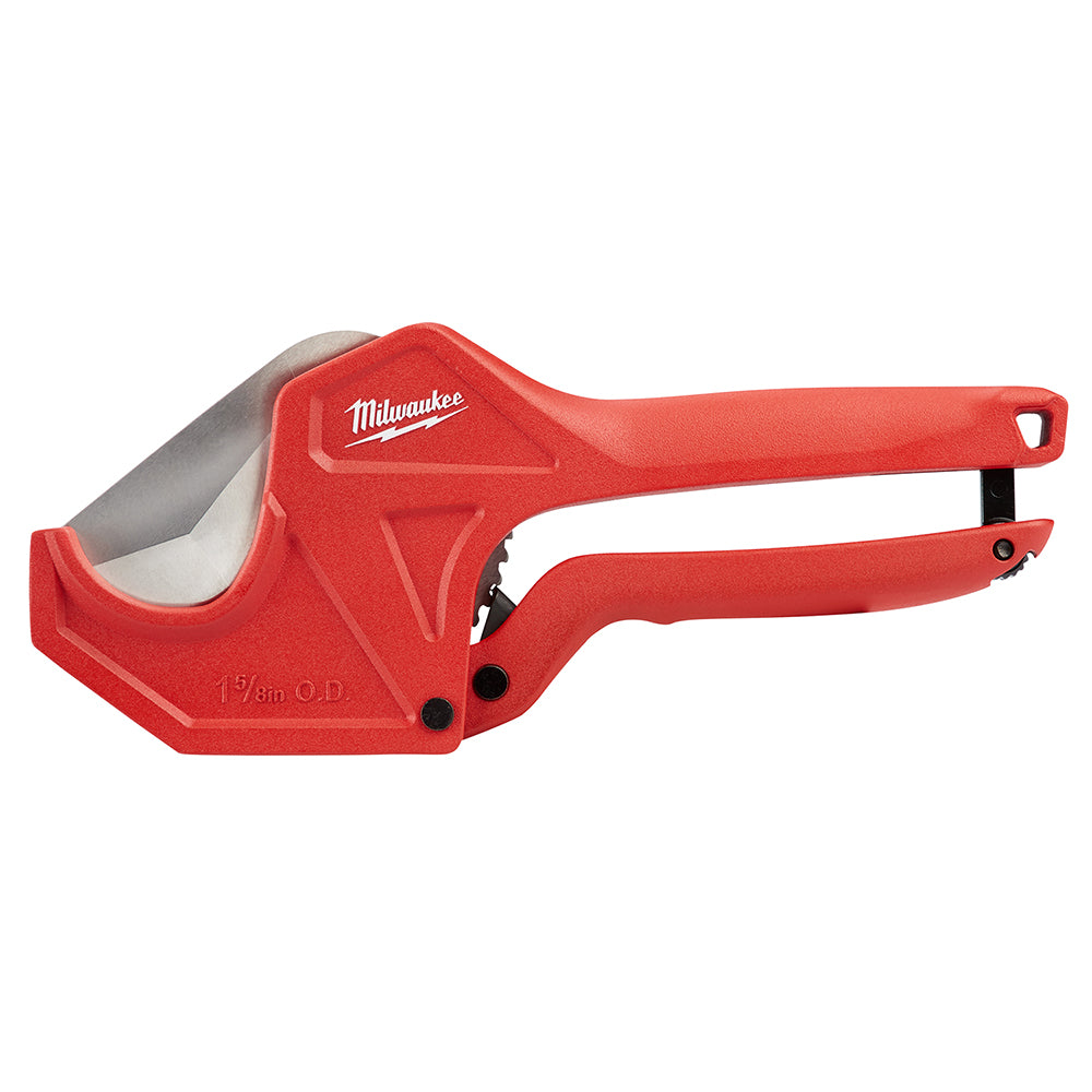 Red ratcheting pipe cutter with gray cutting wheel, marked 1-5/8 inch O.D., featuring Milwaukee branding and handle hole.