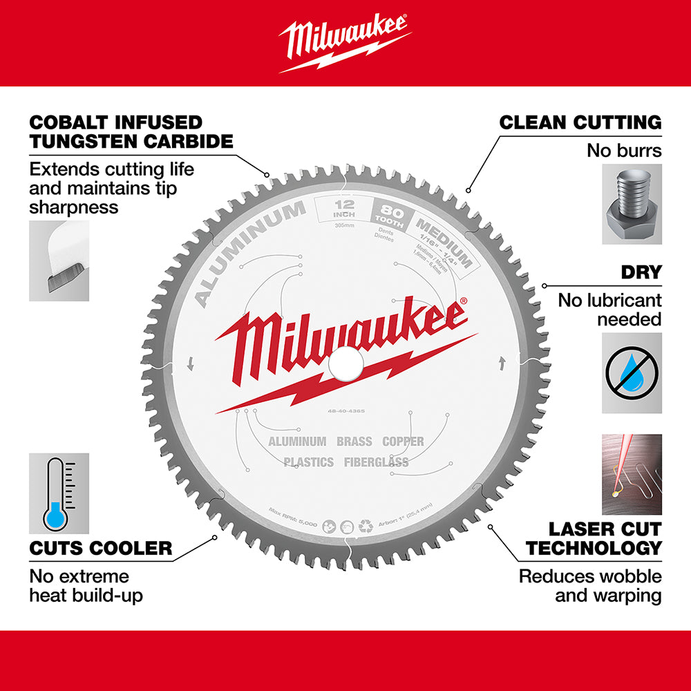 Milwaukee 12-inch aluminum cutting circular saw blade with cobalt infused tungsten carbide teeth and laser cut technology.